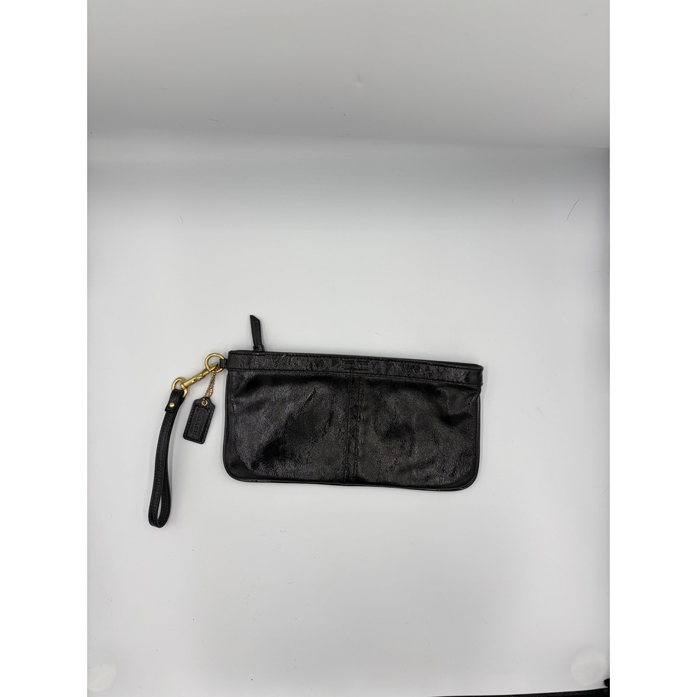 Coach Black Pebbled Leather Wristlet Clutch Bag with Blue Satin Lining